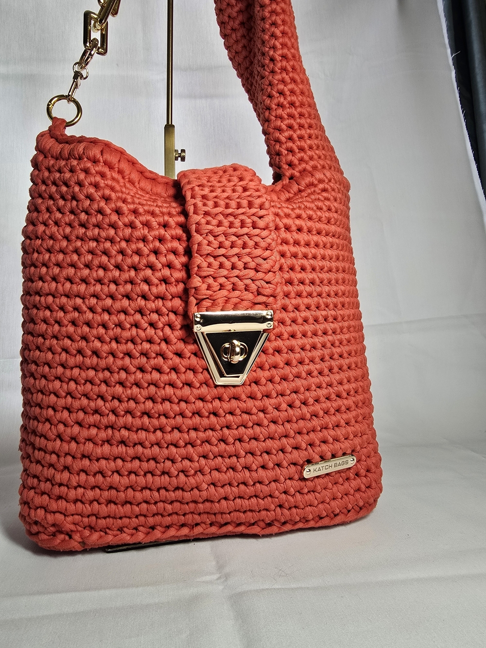 Hand Crafted Vibrant Orange Crochet Shoulder Bag with Gold Hardware